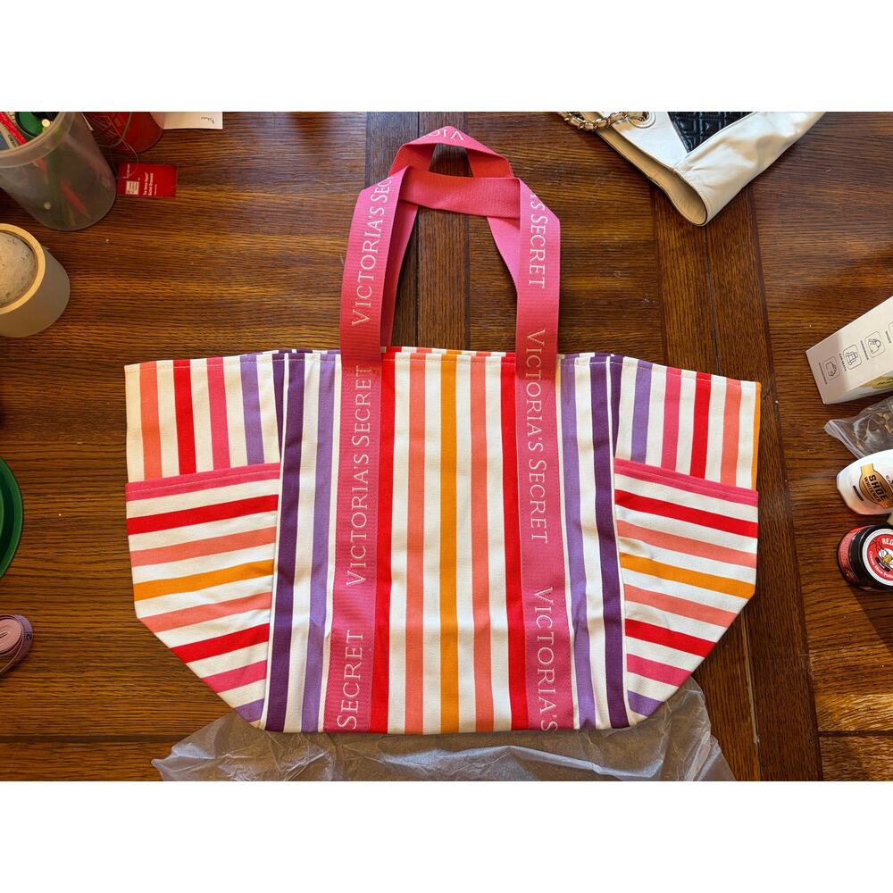 NWT Victoria's Secret Multicolor Striped Canvas Beach Tote Bag Large Summer - Picture 4 of 10